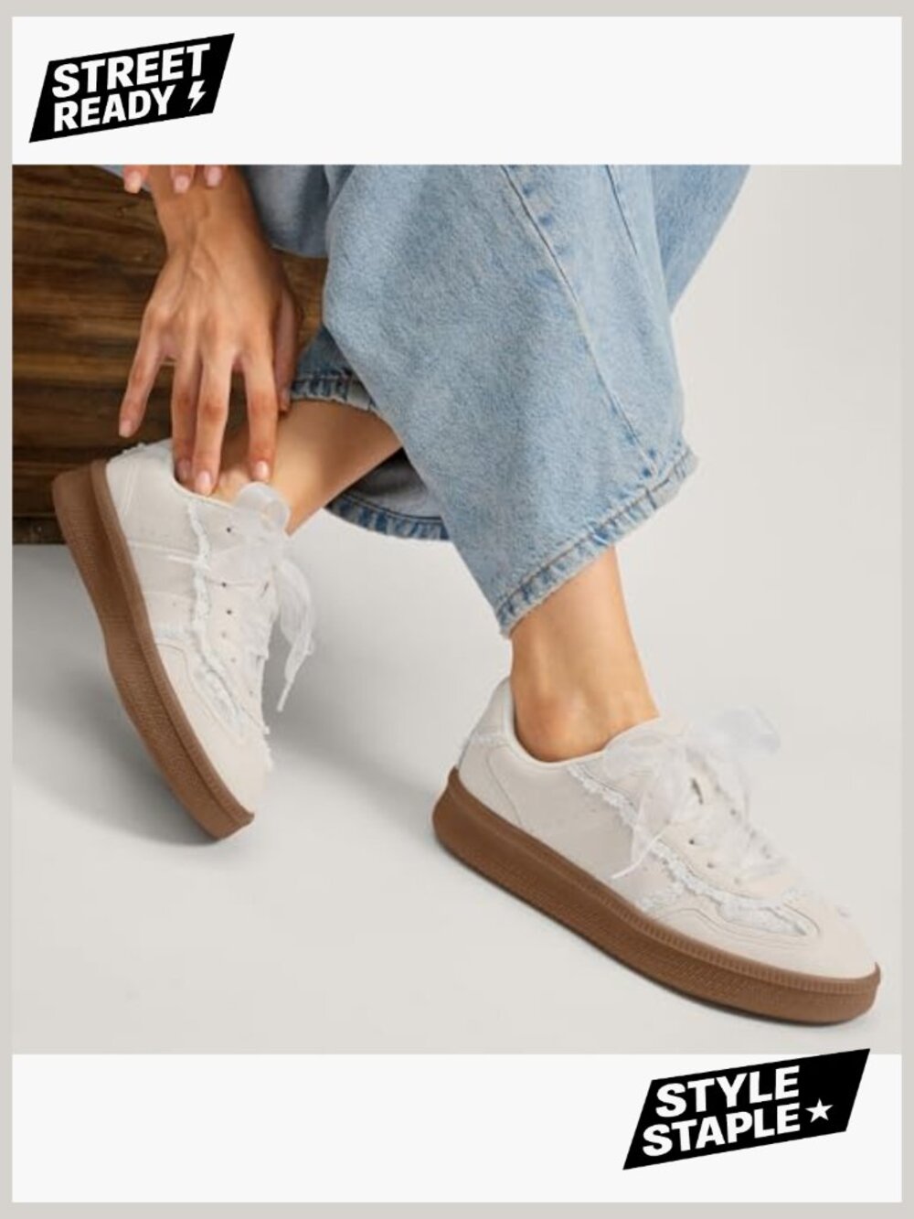 Lace Detail Fashion Sneakers Comfortable Casual Dress Sneakers Retro Gum Sole - Picture 2 of 7
